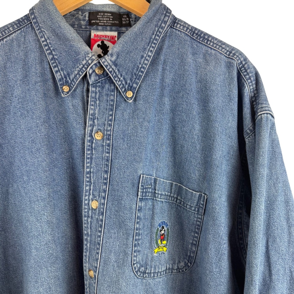 Mickey Inc Denim Shirt Mens XXL Blue Long Sleeve Embroidered Disney Parks 90s
